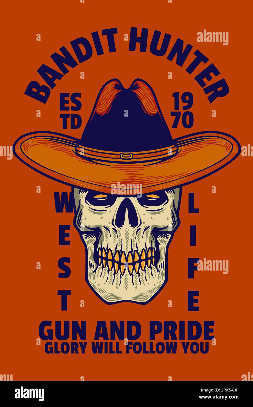 skull head with cowboy hat card poster vector illustration Stock Vector
