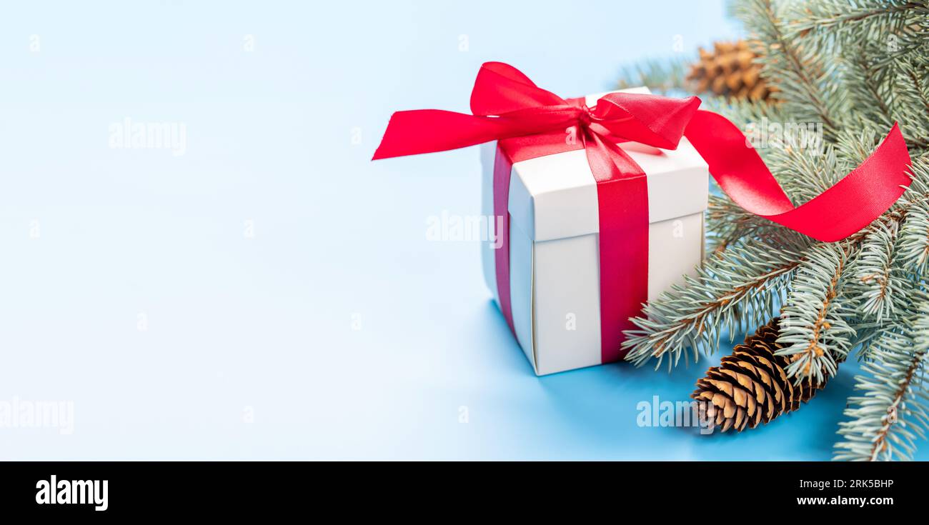 Christmas fir tree branch and gift box over blue background with space ...