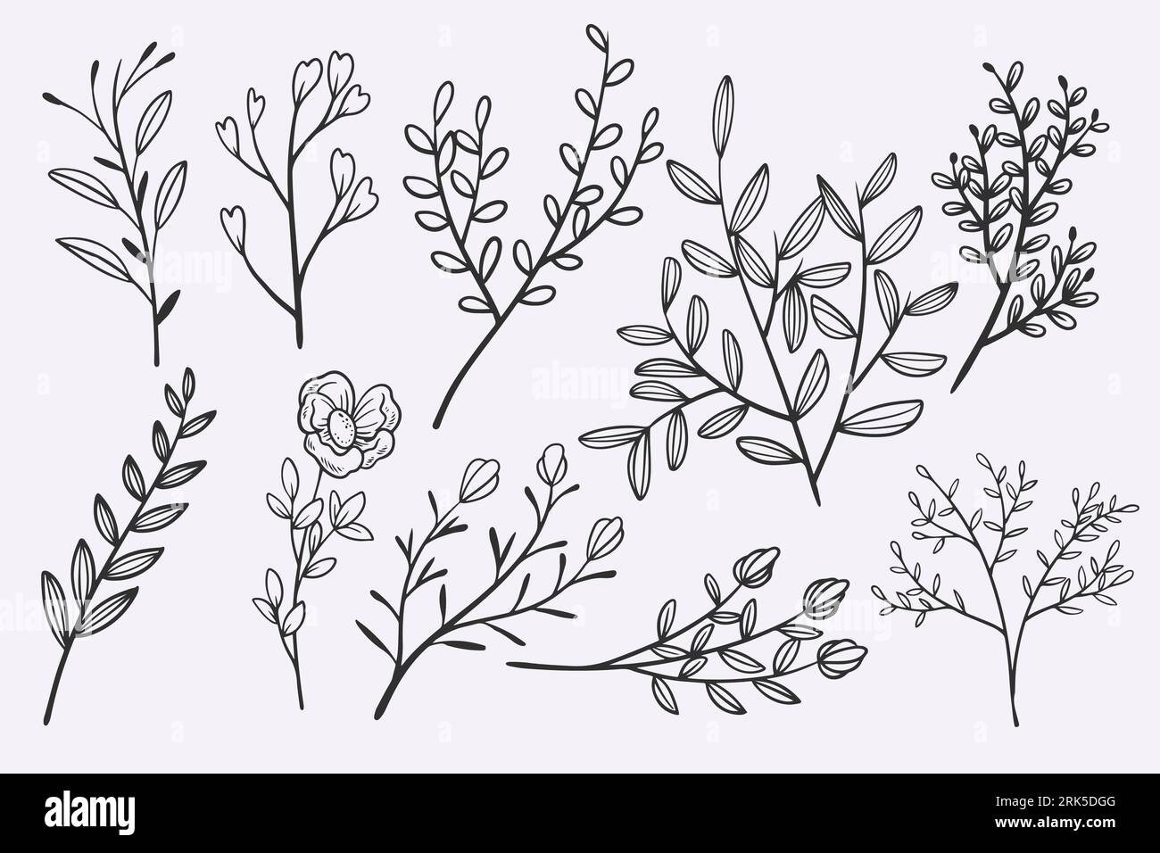 flower leaves doodle hand drawn vector illustration set Stock Vector