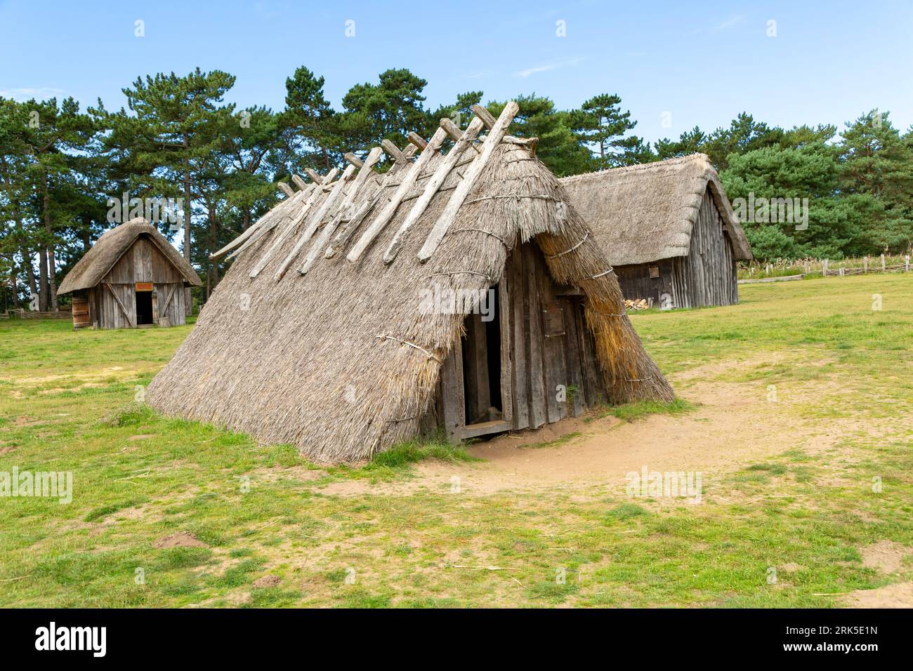 Wood and thatch buildings at West Stow, Anglo-Saxon village, Suffolk, England, UK Stock Photo
