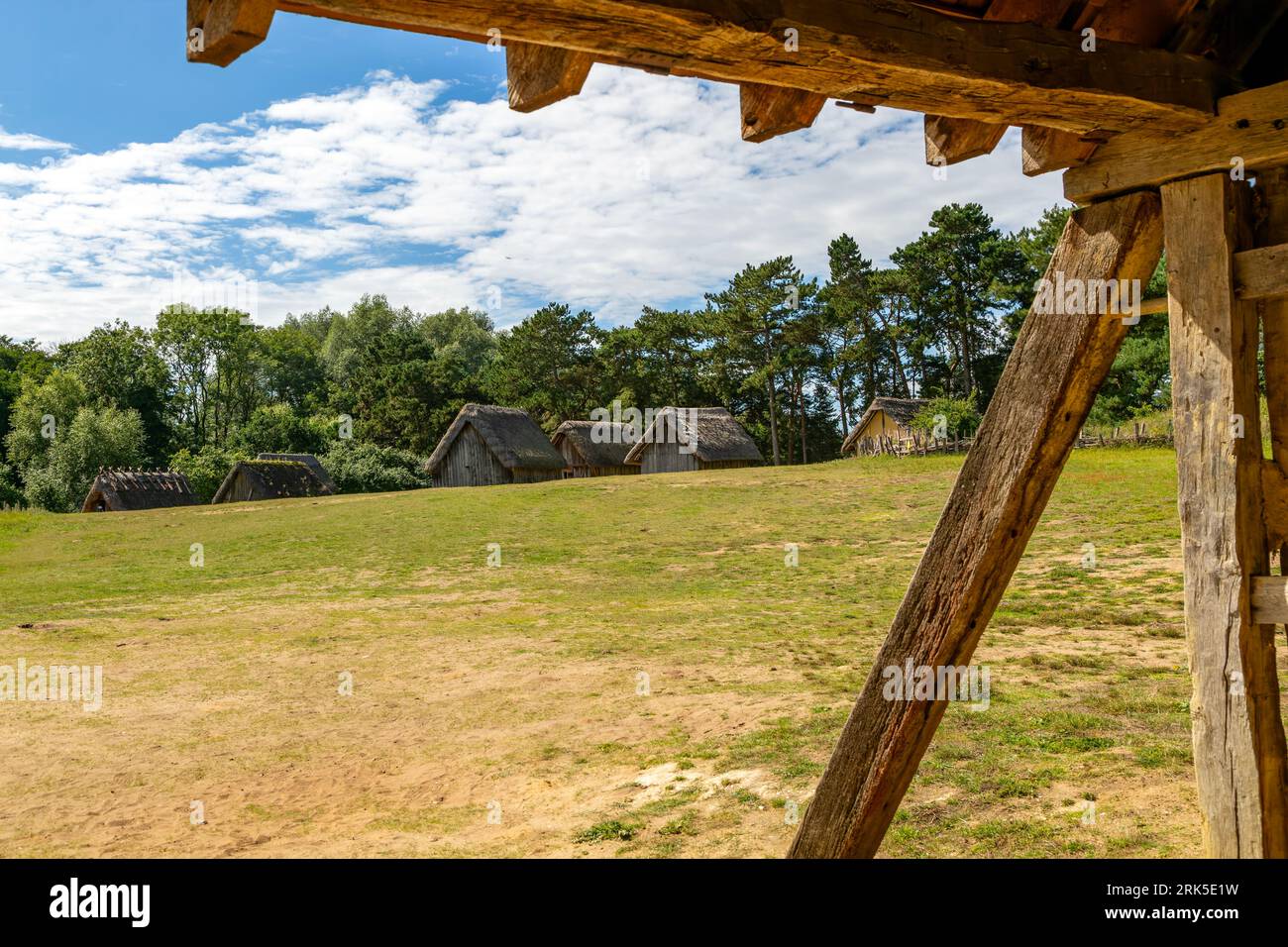 Wood and thatch buildings at West Stow, Anglo-Saxon village, Suffolk, England, UK Stock Photo