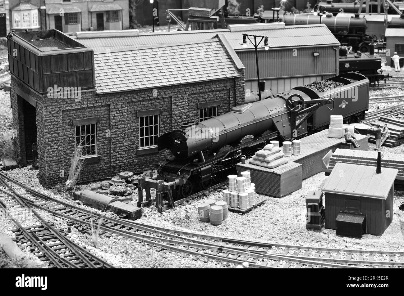 The Flying Scotsman in a railway siding on a model railway Stock Photo