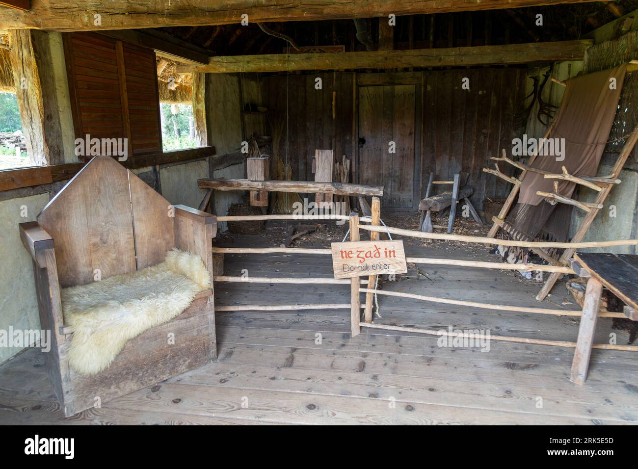 Interior of wooden building at West Stow, Anglo-Saxon village, Suffolk ...