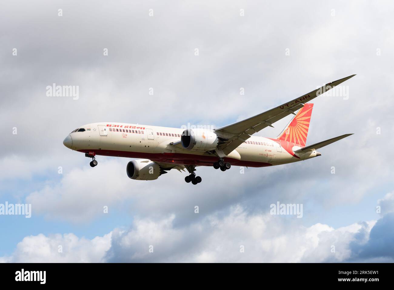 Air India Boeing 787-8 Dreamliner jet airliner plane VT-ANN on finals to land at London Heathrow Airport, UK. Air India Limited (Tata Group) airline Stock Photo