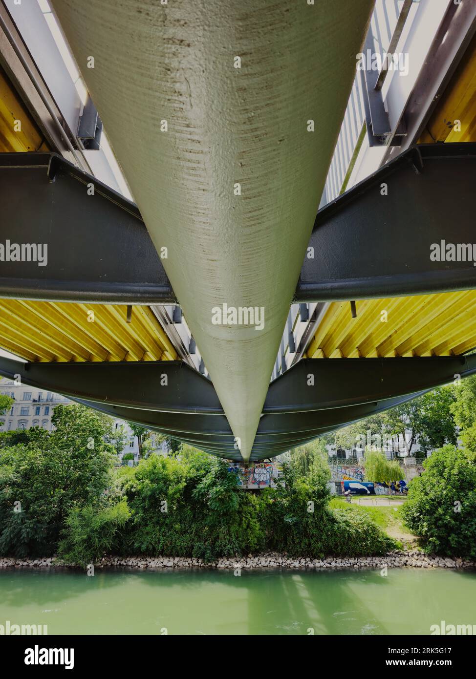 The underside of a bridge over a river in Vienna, Austria. Stock Photo