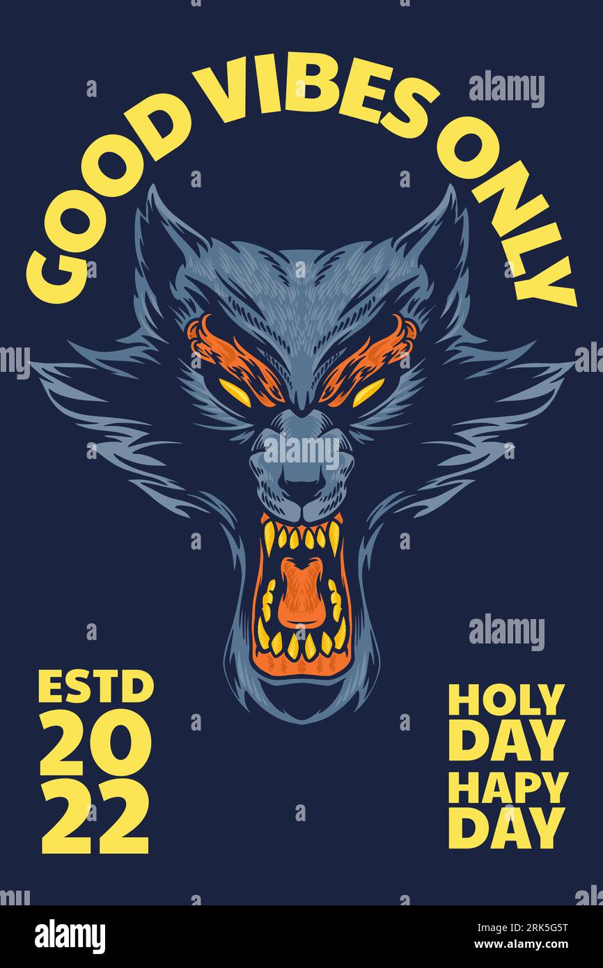 blue wolf head mascot poster vector illustration cartoon style Stock