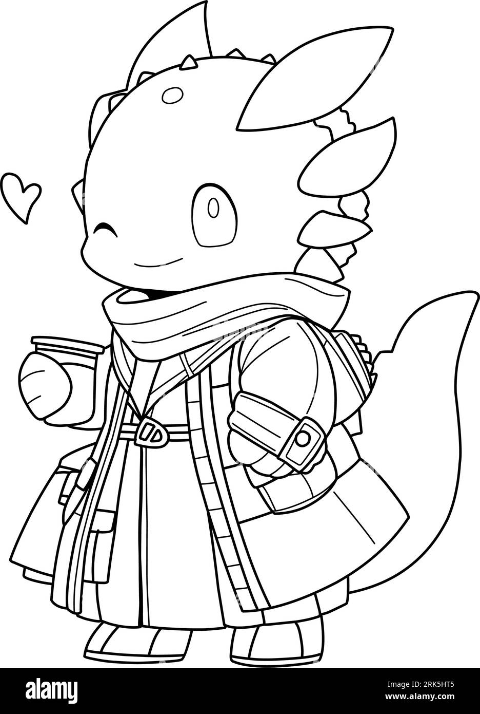 Little cute kawaii dragon coloring page for kids winter new year dragon