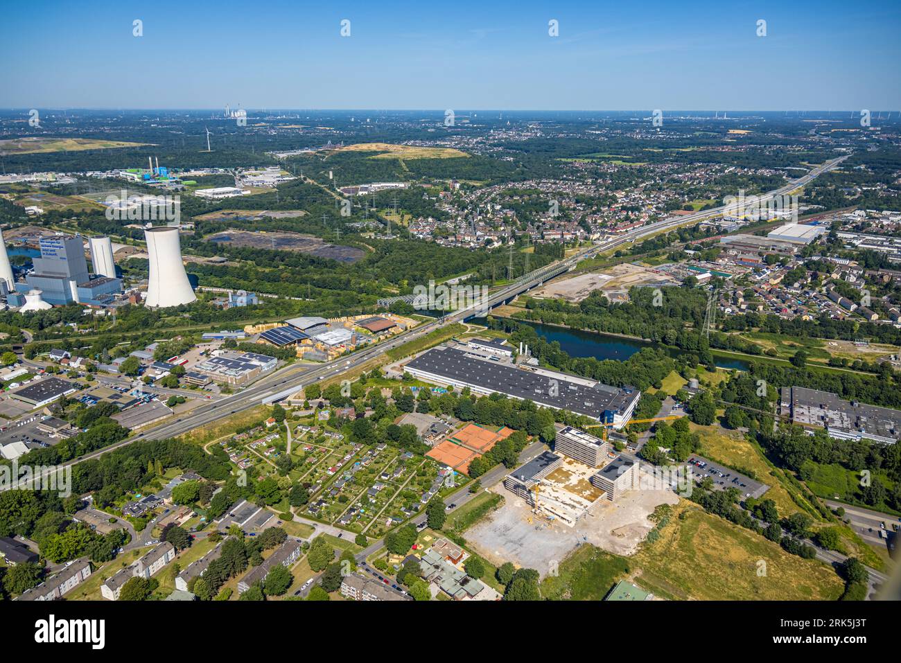 Aerial view, construction work on the Emscher bridge of the A43 freeway, Rhine-Herne canal, Emscher bridge Cologne-Minden railroad, STEAG combined hea Stock Photo