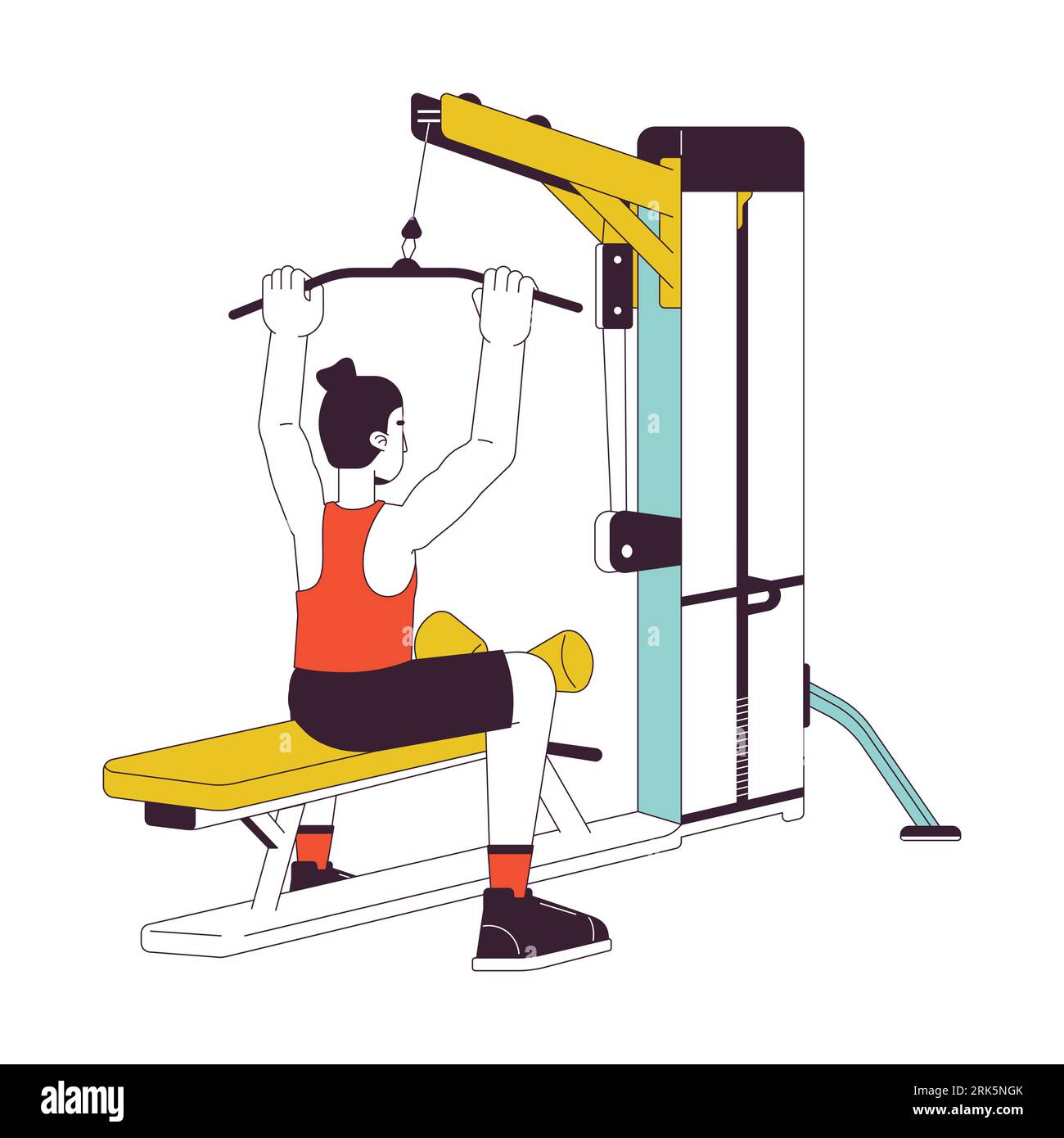Man holding bar on lat pulldown machine flat line color vector character Stock Vector