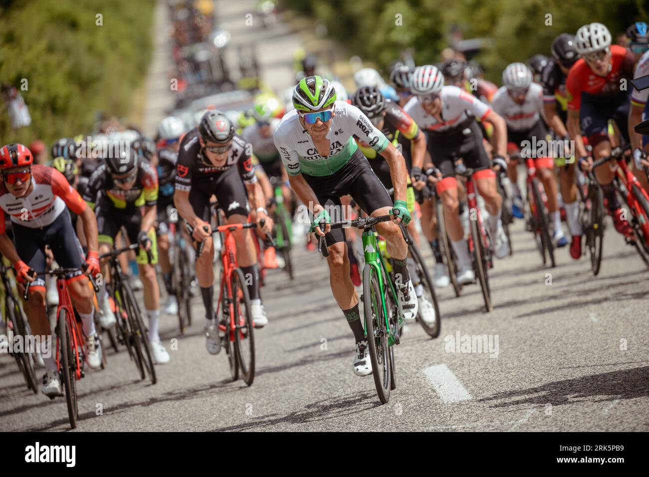 2023 Czech and Slovak National Chapionship, cycling, road race, Caja Rural, Michal Schlegel attacking pelotone, on June 25, 2023, Tlmace, Slovakia. (C Stock Photo