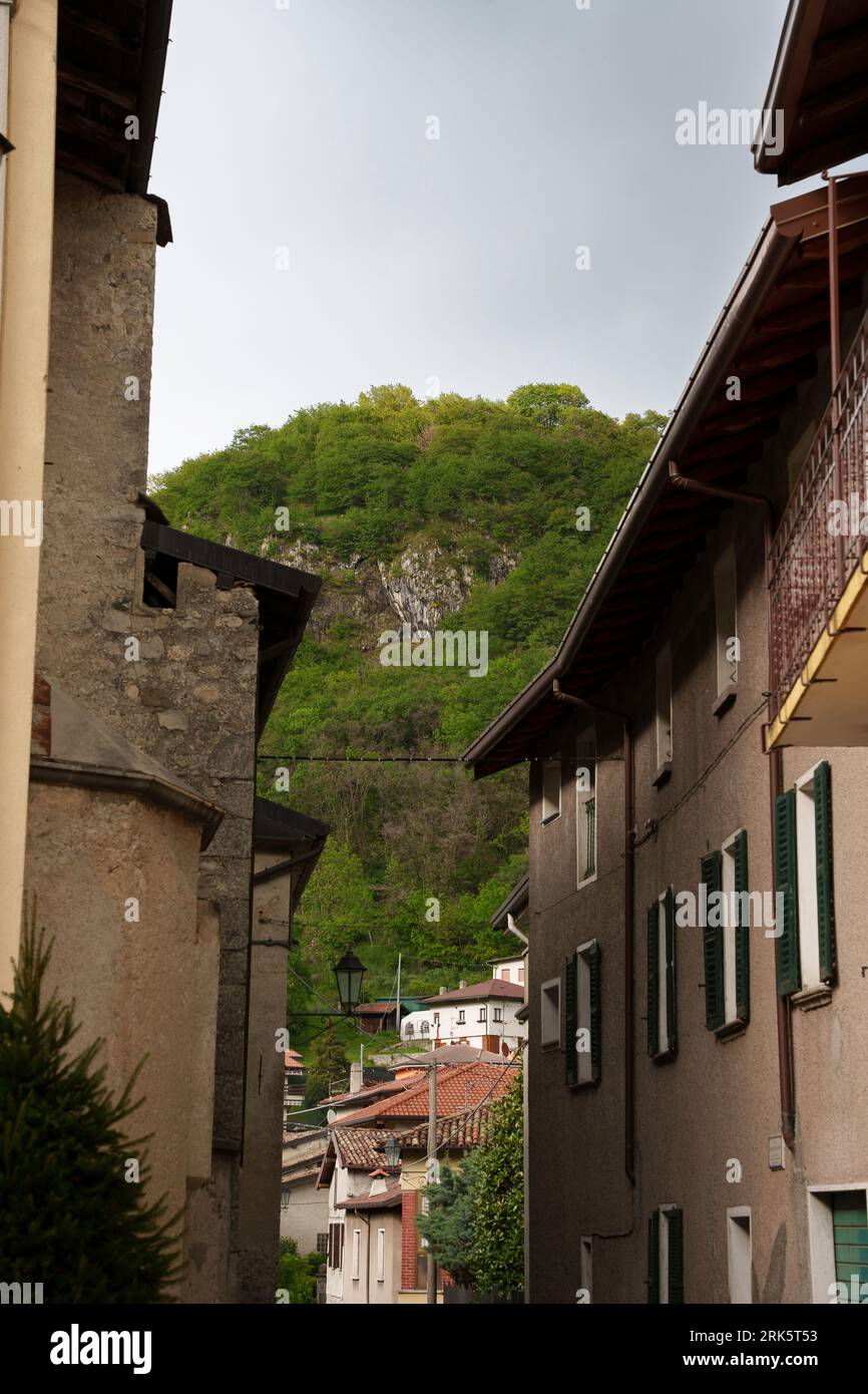 A scenic view of residential buildings in a small town in green ...