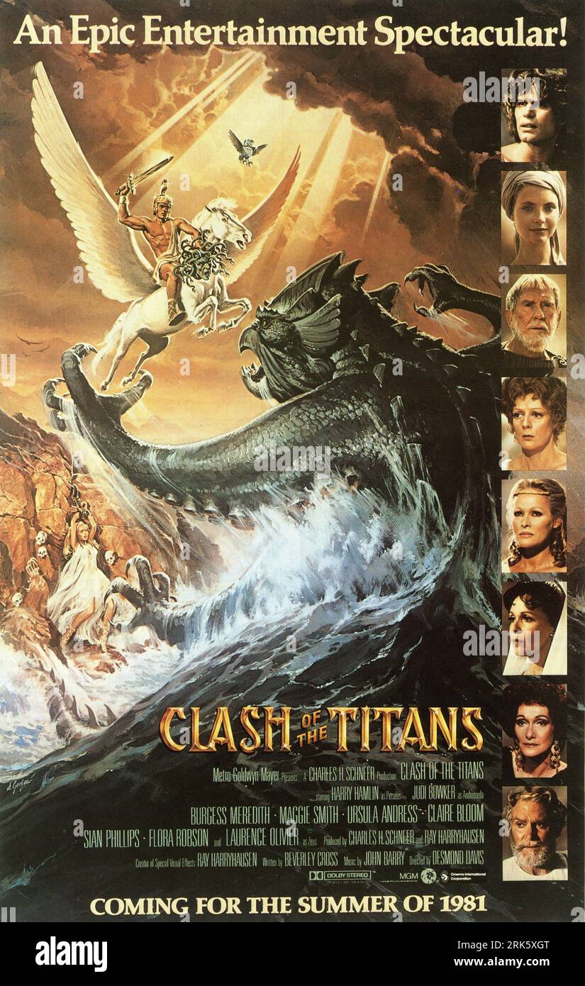 1980 Ad with Music by JOHN BARRY credit for HARRY HAMLIN JUDI BOWKER BURGESS MEREDITH MAGGIE SMITH URSULA ANDRESS  CLAIRE BLOOM SIAN PHILLIPS and LAURENCE OLIVIER in CLASH OF THE TITANS 1981 director DESMOND DAVIS written by Beverley Cross costume design Emma Porteous creator of special visual effects Ray Harryhausen producers Charles H. Schneer and Ray Harryhausen Charles H. Schneer Productions / Peerford Ltd. / distribution Cinema International Corporation (CIC) (UK) Metro Goldwyn Mayer (USA) Stock Photo