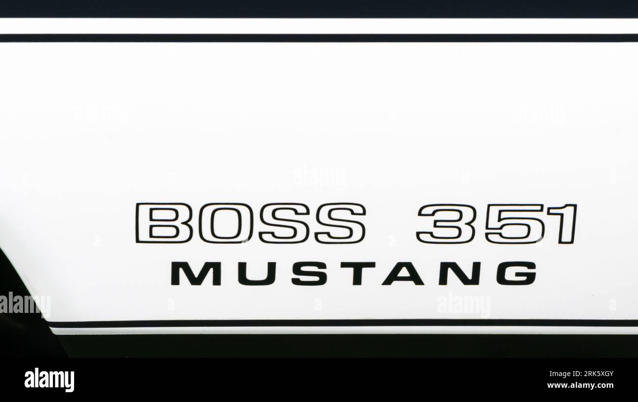 PONTIAC, MI/USA AUGUST 18, 2022 Closeup of a 1971 Ford Mustang Boss