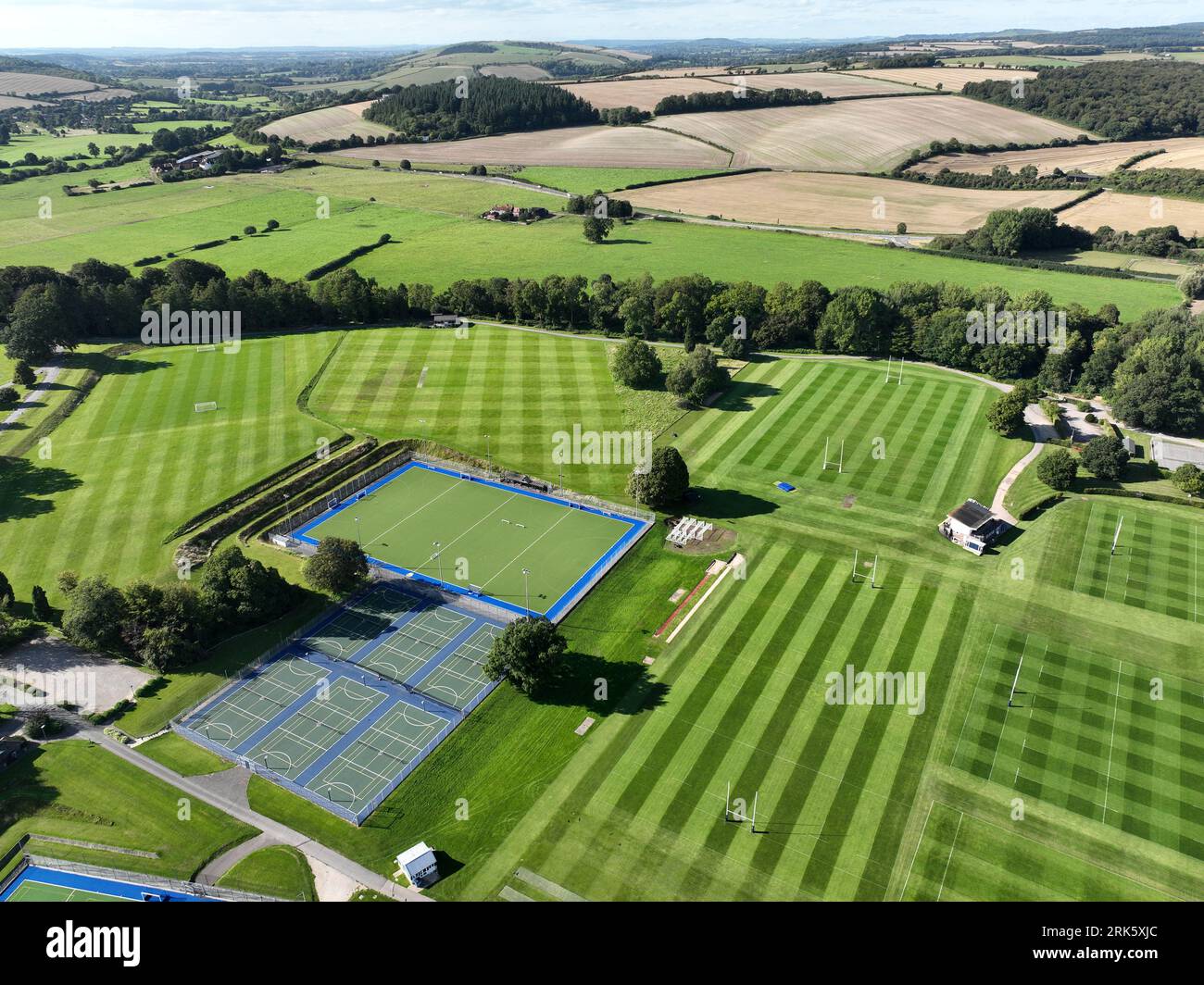 aerial view of school playing fields set in a beautuful rural scenic