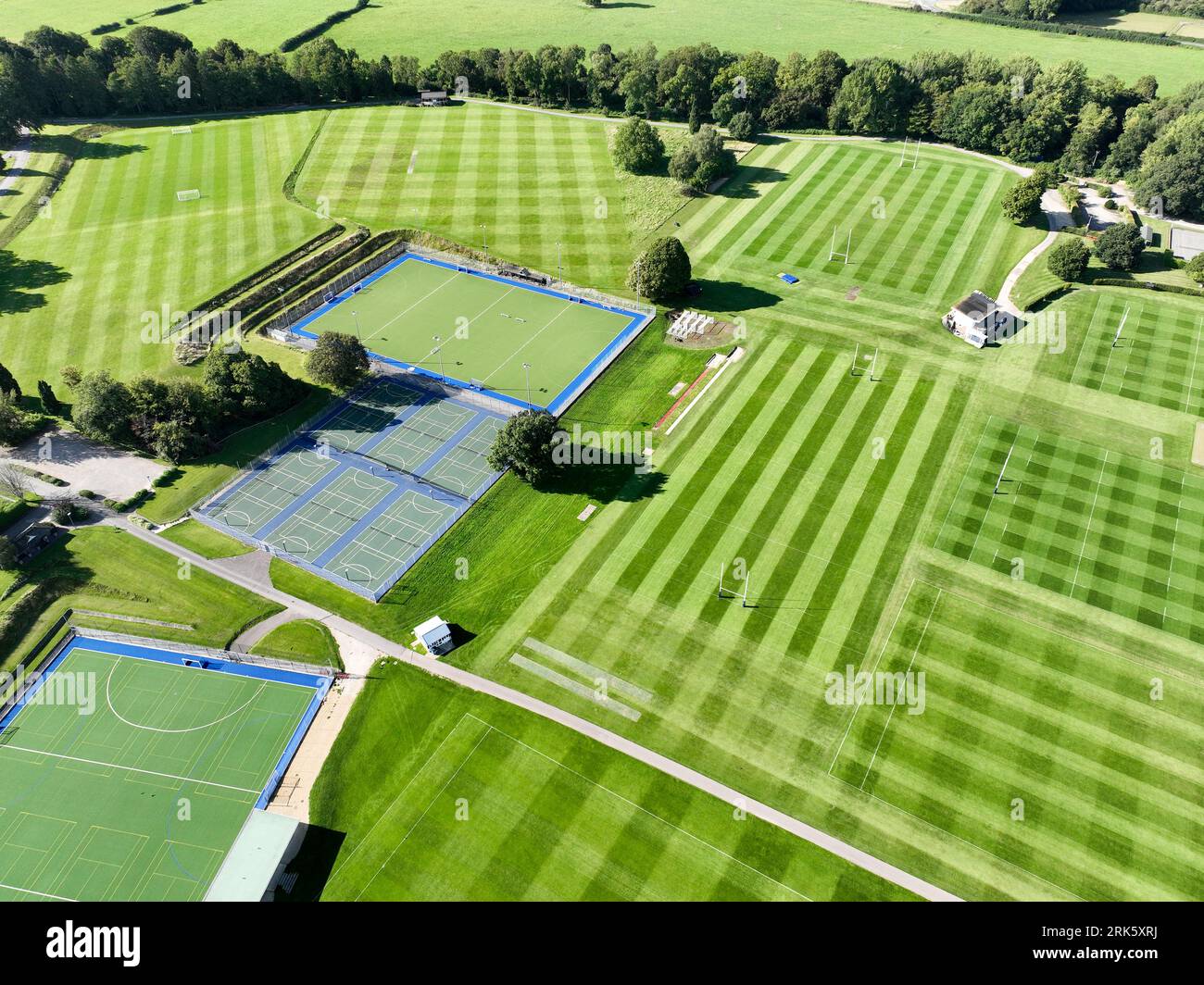 aerial view of school playing fields set in a beautuful rural scenic