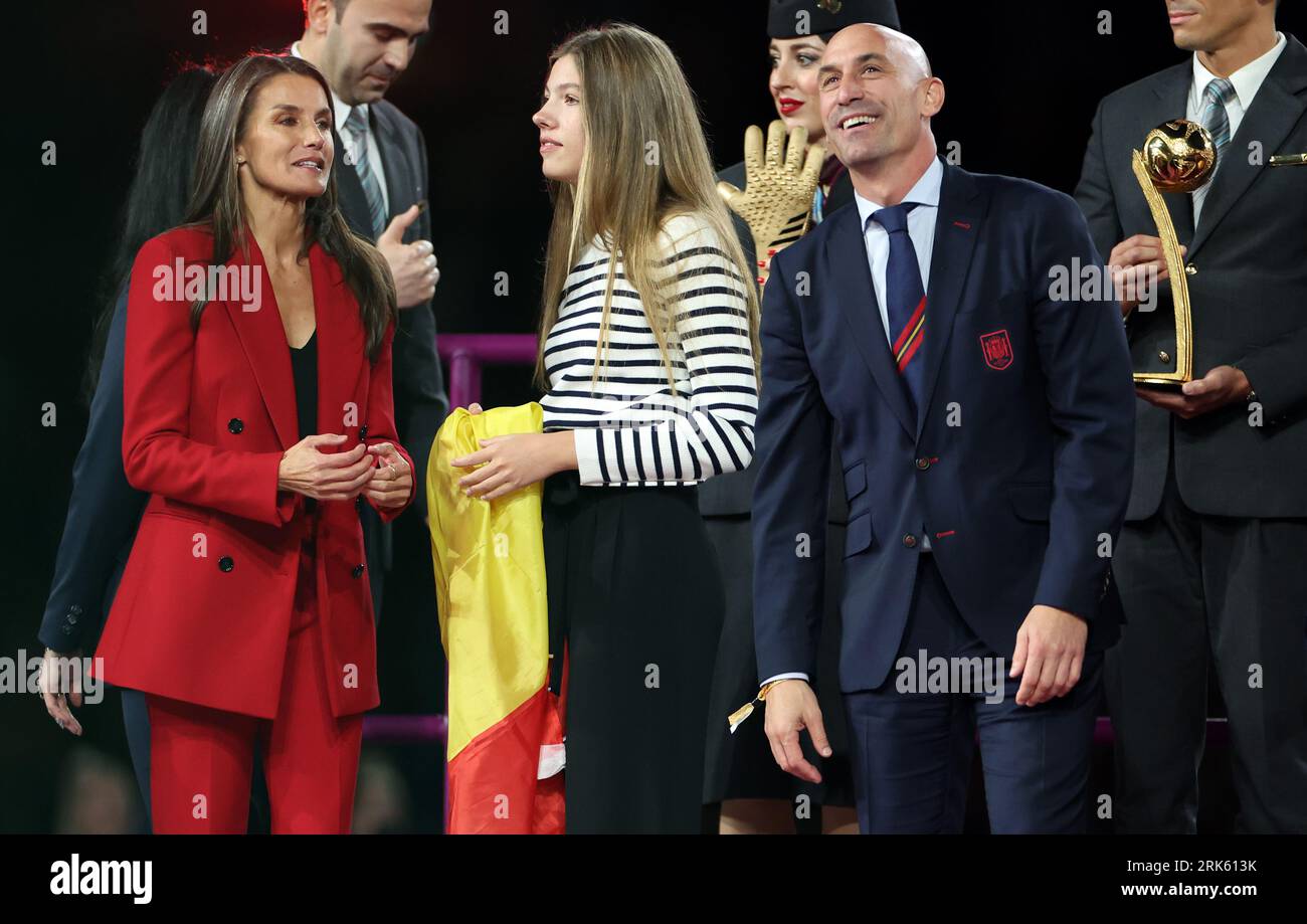 Spanish FA president Luis Rubiales on the presentation stage alongside Queen Letizia of Spain and Infanta Sofia of Spain following the FIFA Women's World Cup final match at Stadium Australia, Sydney. Picture date: Sunday August 20, 2023. Stock Photo