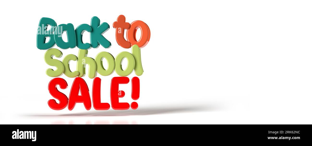 Back to school Sale text in colorful capital letters on white background, copy space. 3D render educational concept: Horizontal illustration design Stock Photo