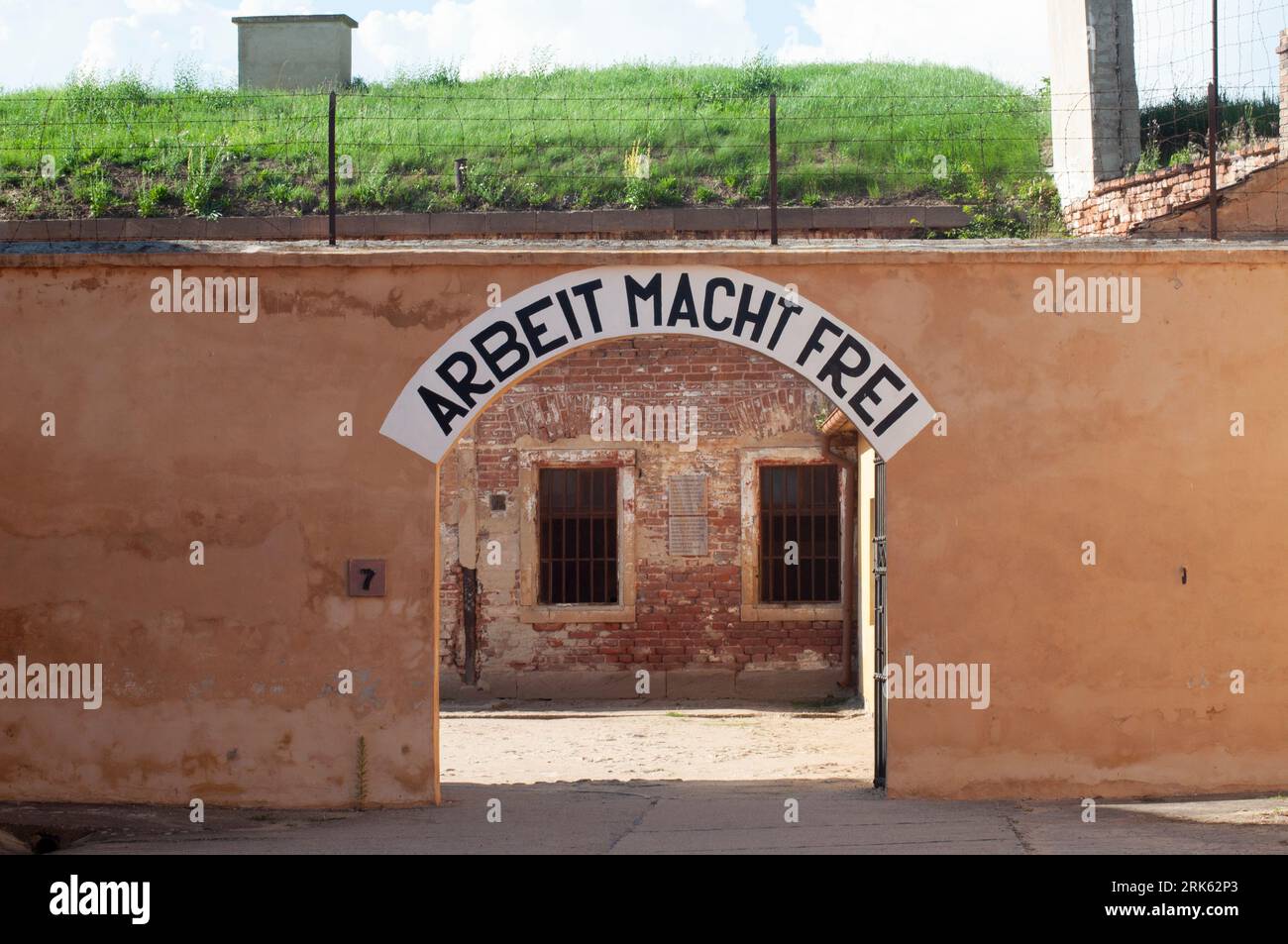 A close-up photo of the main gate of the Theresienstadt concentration camp, a World War II Nazi camp in Czechoslovakia Stock Photo