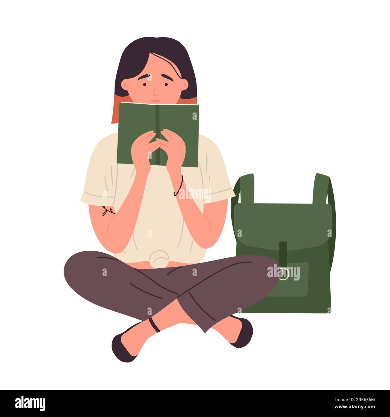 Student girl in sitting position. Sitting pupil reading a book, student