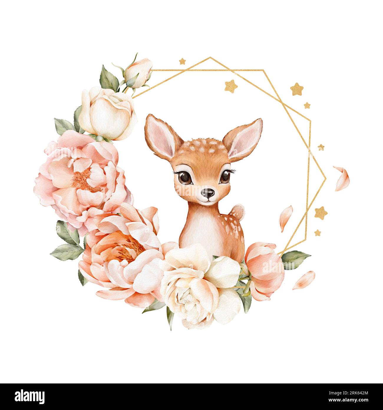 Watercolor composition with cute deer, delicate flowers, leaves and gold frame. Illustrations for invitations, cards, anniversary, birthday, greetings Stock Photo