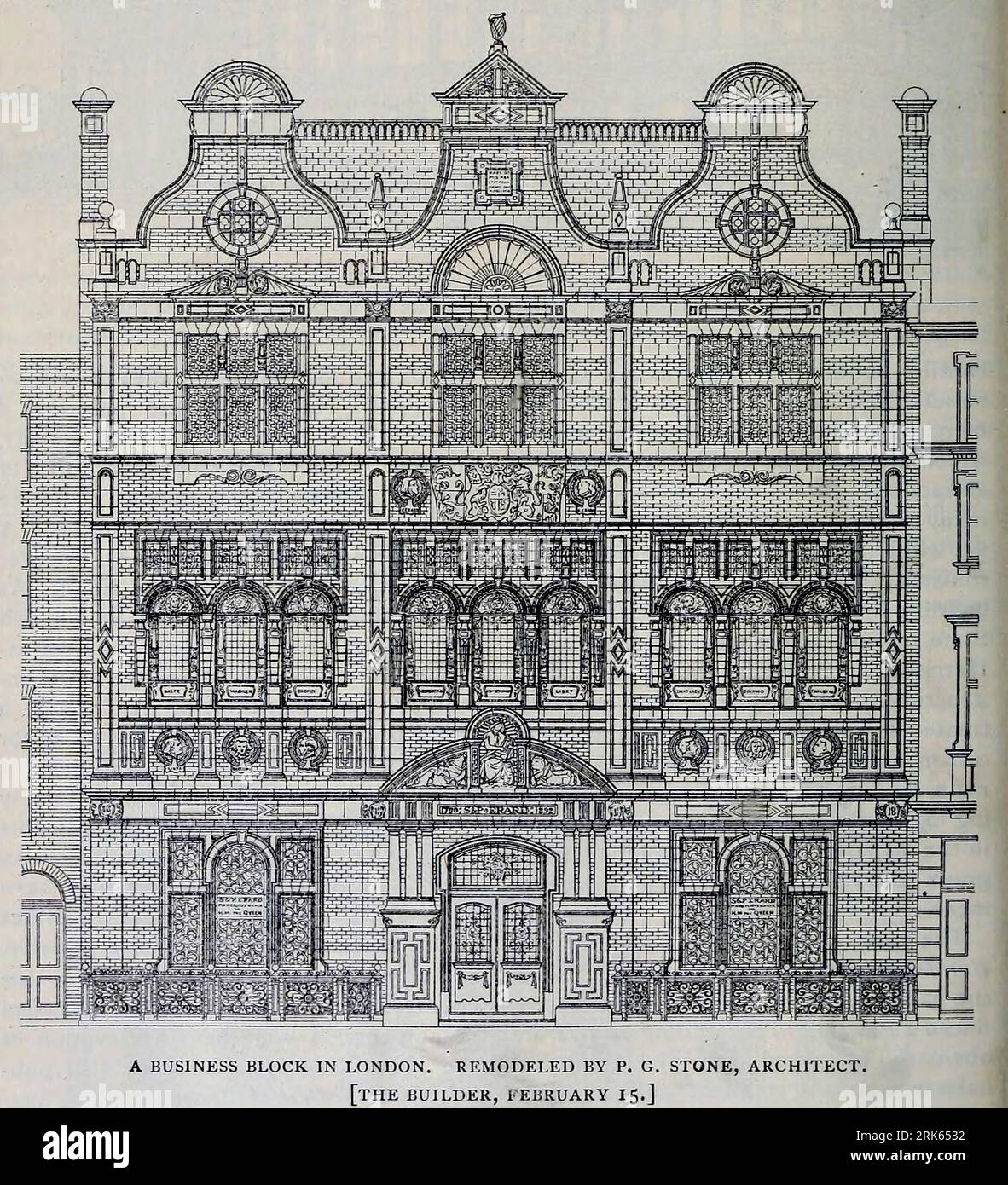 A BUSINESS BLOCK IN LONDON. REMODELED BY P. G. STONE, ARCHITECT. from the Article Architectural Review from The Engineering Magazine DEVOTED TO INDUSTRIAL PROGRESS Volume XI October 1896 NEW YORK The Engineering Magazine Co Stock Photo