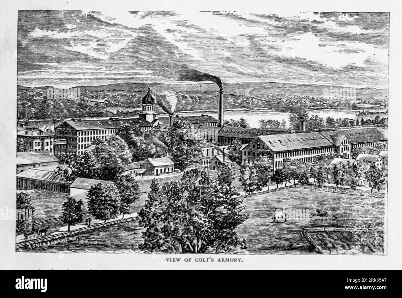 View of COLT'S ARMORY, HARTFORD, Connecticut from the Article MODERN MACHINE-SHOP ECONOMICS PRIME REQUISITES OF SHOP CONSTRUCTION By Horace L. Arnold from The Engineering Magazine DEVOTED TO INDUSTRIAL PROGRESS Volume XI October 1896 NEW YORK The Engineering Magazine Co Stock Photo