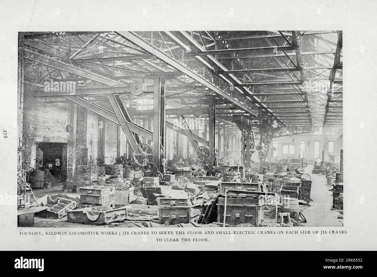 Foundry Baldwin Locomotive Works Jib Cranes to serve the floor and small electric cranes on each side of Jib Cranes from the Article MODERN MACHINE-SHOP ECONOMICS PRIME REQUISITES OF SHOP CONSTRUCTION By Horace L. Arnold from The Engineering Magazine DEVOTED TO INDUSTRIAL PROGRESS Volume XI October 1896 NEW YORK The Engineering Magazine Co Stock Photo