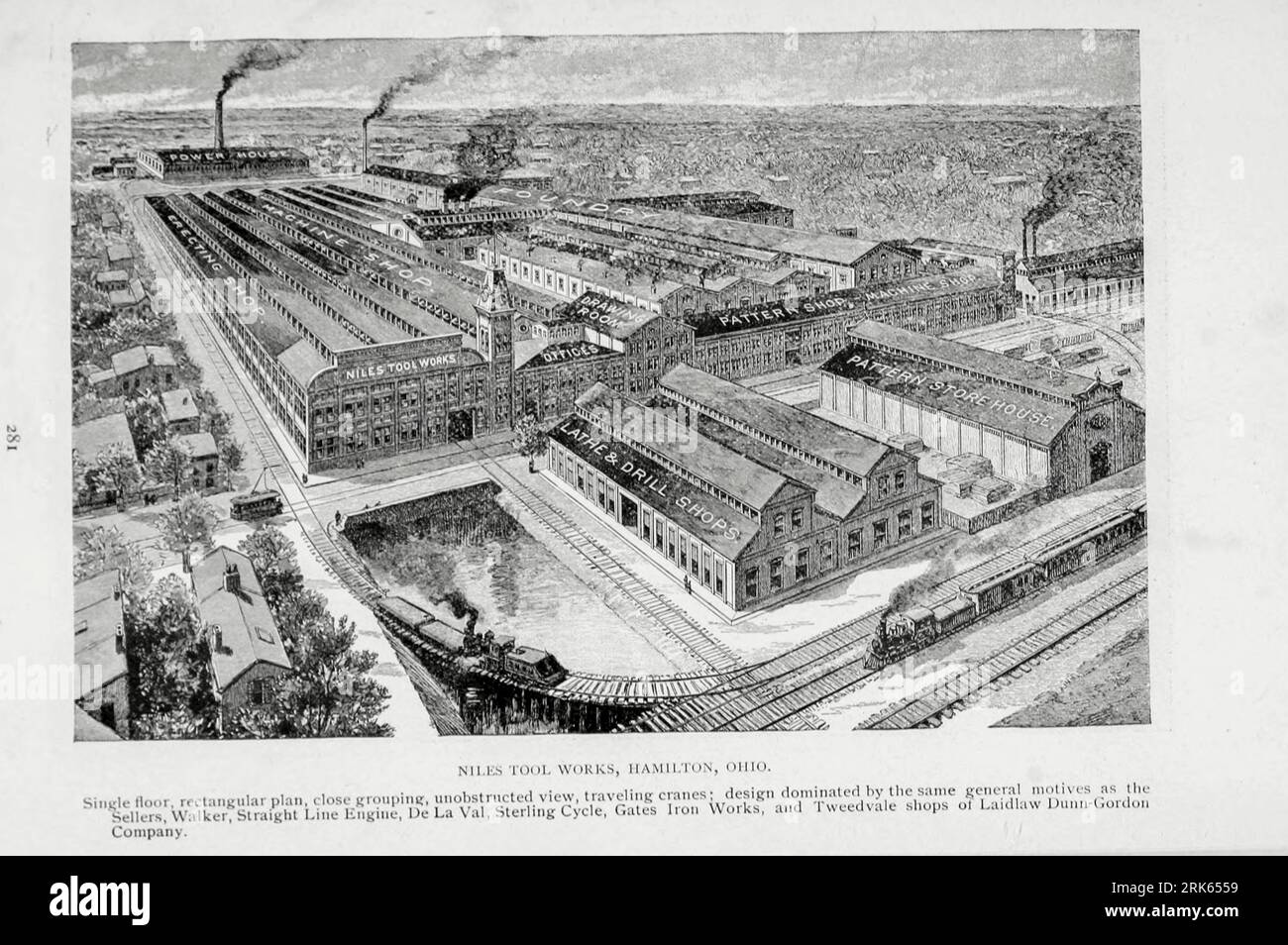 Niles Tool Works, Hamilton, Ohio Single Floor Rectangular plan, close grouping, unobstructed view from the Article MODERN MACHINE-SHOP ECONOMICS PRIME REQUISITES OF SHOP CONSTRUCTION By Horace L. Arnold from The Engineering Magazine DEVOTED TO INDUSTRIAL PROGRESS Volume XI October 1896 NEW YORK The Engineering Magazine Co Stock Photo