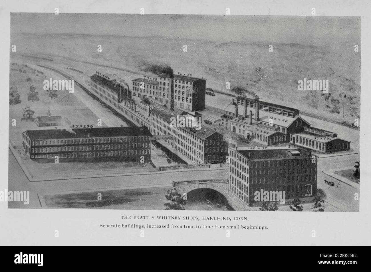 Pratt & Whitney Shops HARTFORD, Connecticut Separate Buildings increased from small beginnings from the Article MODERN MACHINE-SHOP ECONOMICS PRIME REQUISITES OF SHOP CONSTRUCTION By Horace L. Arnold from The Engineering Magazine DEVOTED TO INDUSTRIAL PROGRESS Volume XI October 1896 NEW YORK The Engineering Magazine Co Stock Photo