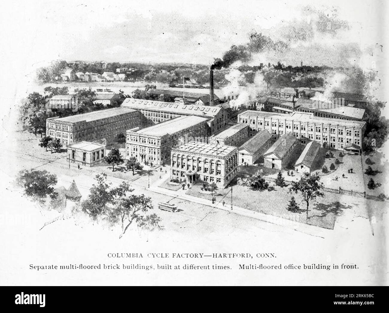 Columbia Cycle Factory HARTFORD, Connecticut Separate multi-floored brick Buildings from the Article MODERN MACHINE-SHOP ECONOMICS PRIME REQUISITES OF SHOP CONSTRUCTION By Horace L. Arnold from The Engineering Magazine DEVOTED TO INDUSTRIAL PROGRESS Volume XI October 1896 NEW YORK The Engineering Magazine Co Stock Photo