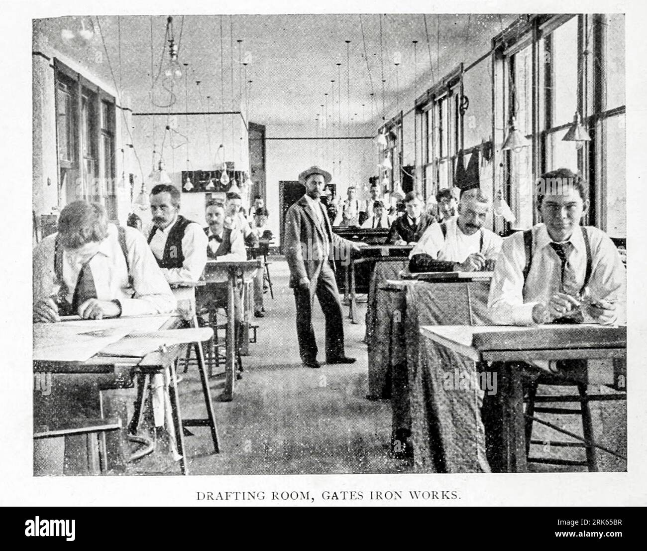 Drafting Room Gates Iron Works, Chicago, Illinois from the Article MODERN MACHINE-SHOP ECONOMICS PRIME REQUISITES OF SHOP CONSTRUCTION By Horace L. Arnold from The Engineering Magazine DEVOTED TO INDUSTRIAL PROGRESS Volume XI October 1896 NEW YORK The Engineering Magazine Co Stock Photo
