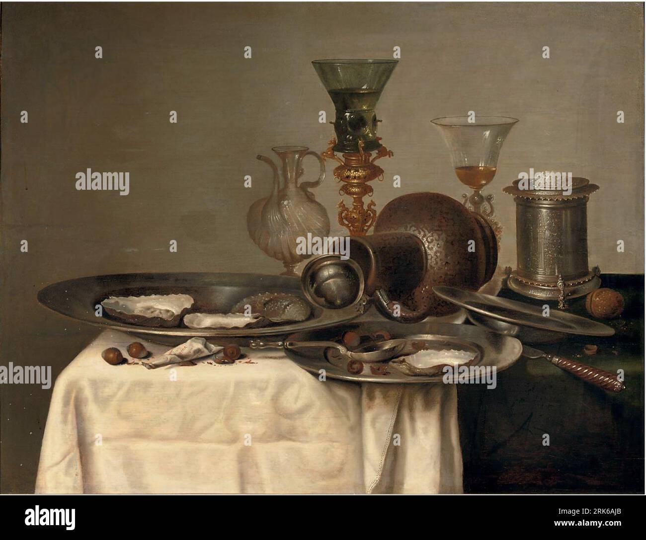 Still life with oysters, fallen jug, wine glasses, hazelnuts, perfume ...