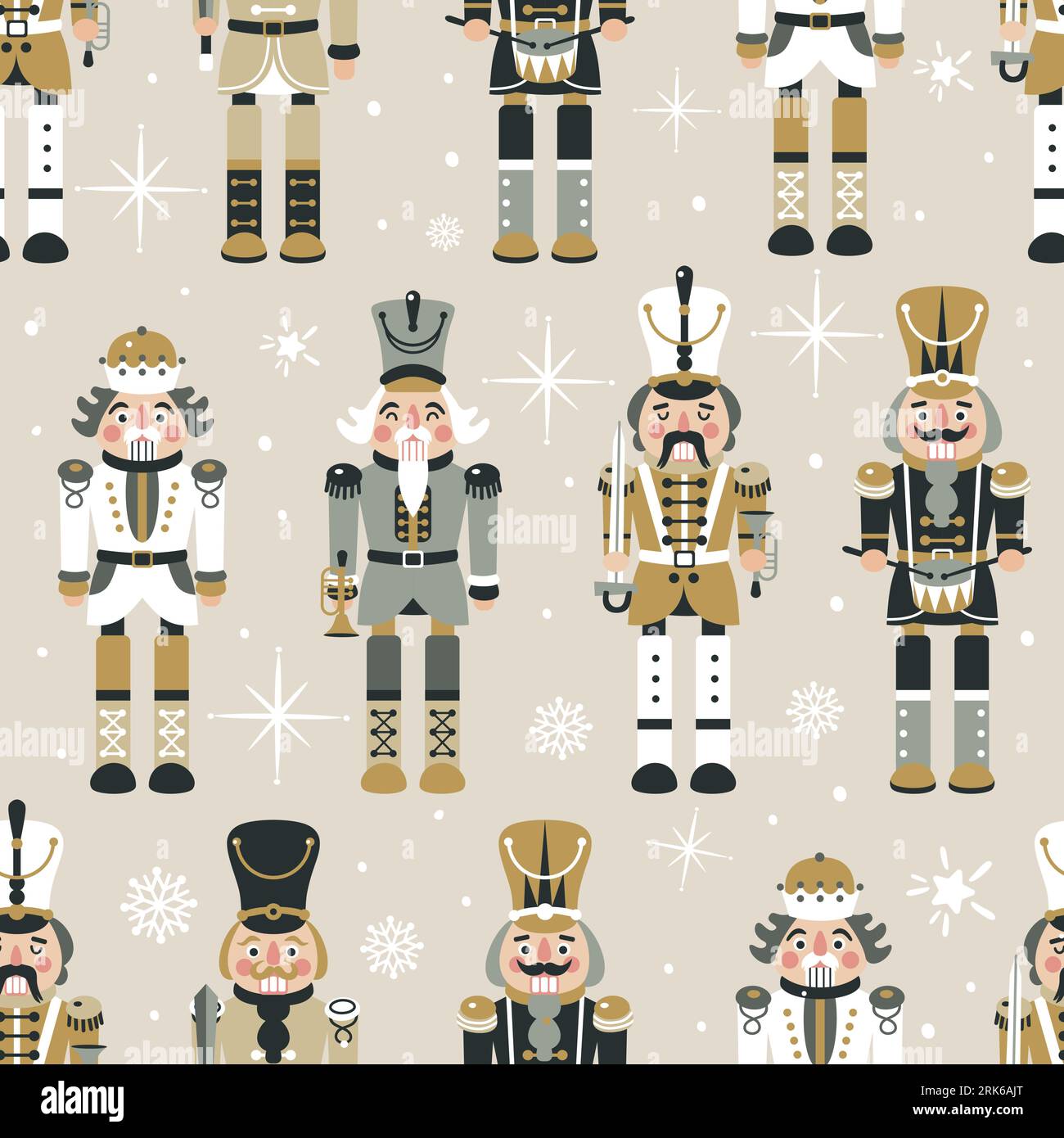 Seamless Christmas Pattern with Nutcrackers in Vector in beige. Stock Vector