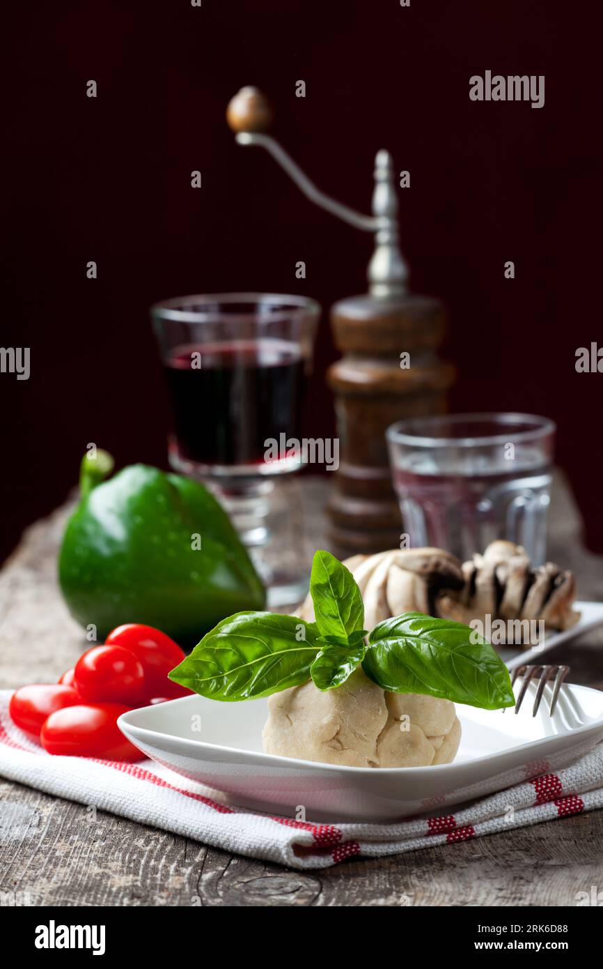 yeast dough with basil leaf Stock Photo