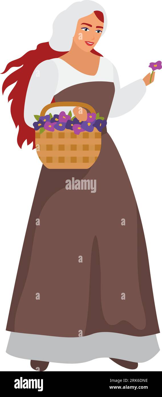 Medieval woman with flowers basket. Middle age woman in traditional clothes cartoon vector illustration Stock Vector
