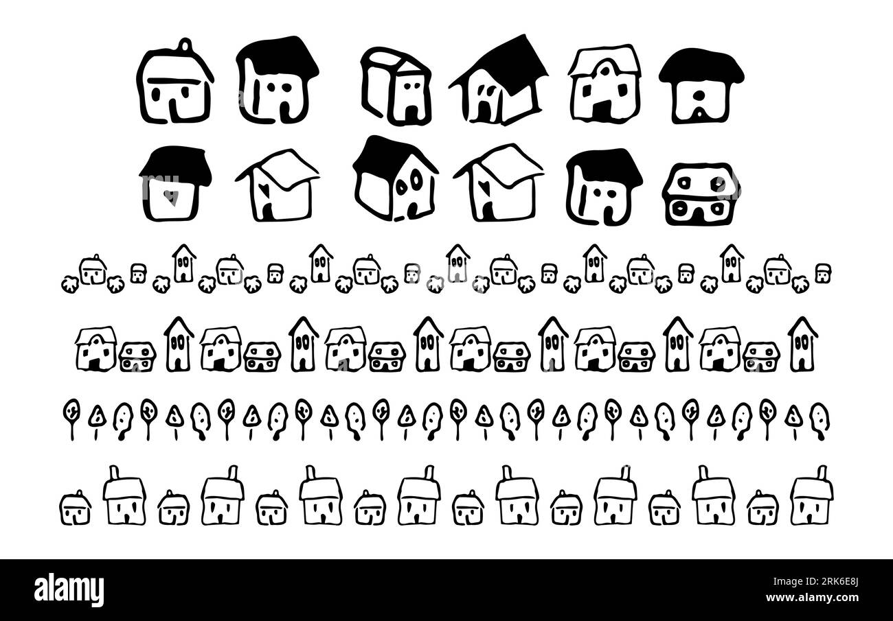 Wonky hand drawn house vector collection with village banner clipart