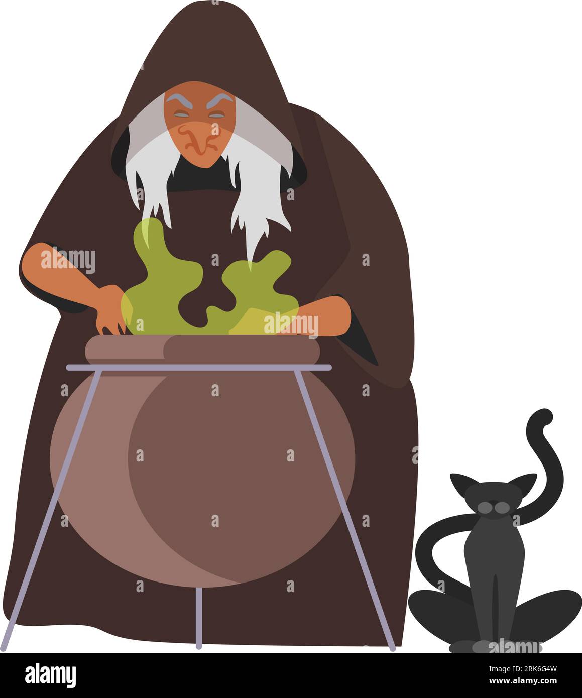 Medieval witch with potion cauldron. Old wizard woman in middle ages cartoon vector illustration ...