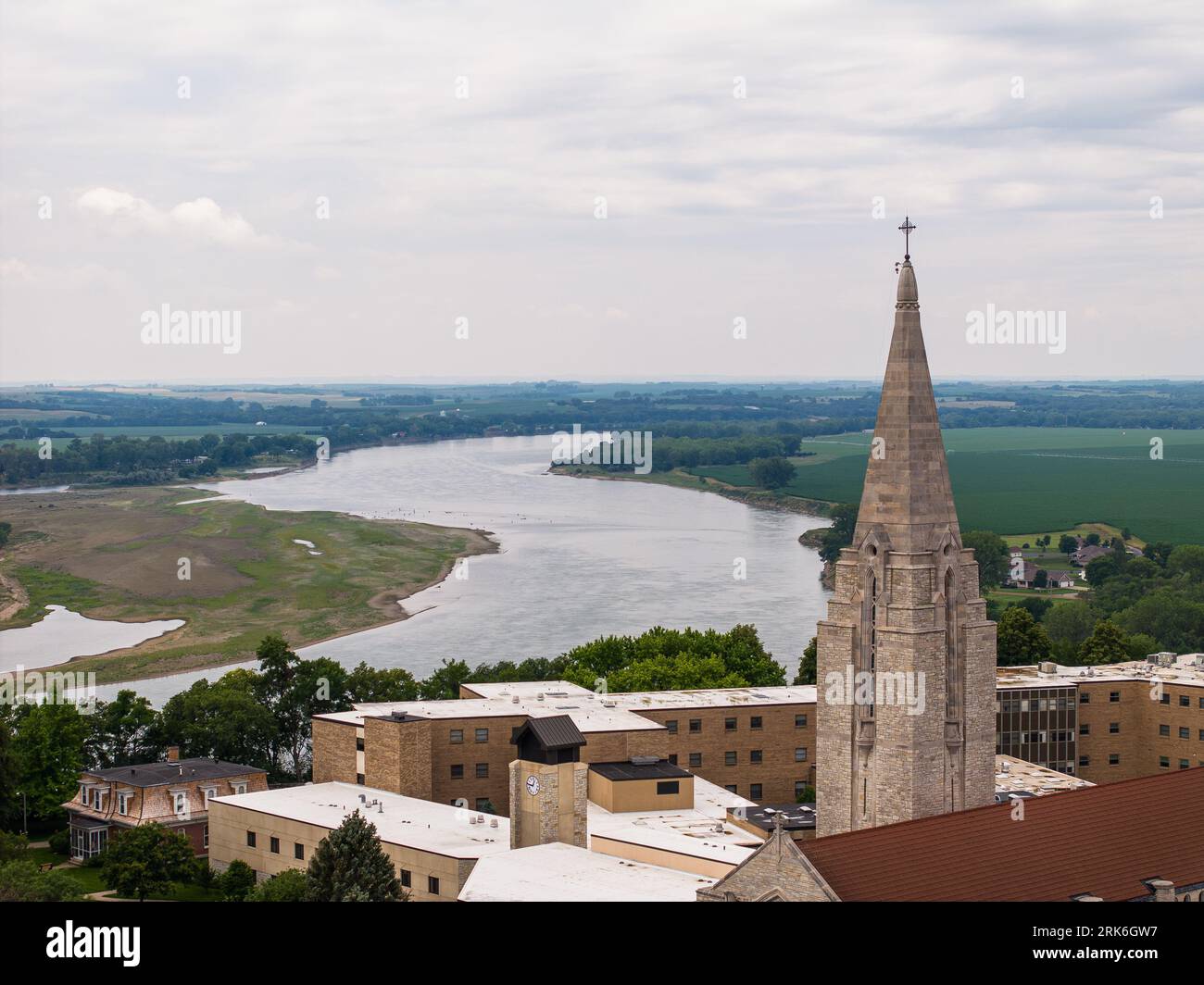 the Missouri river behind a church cathedral in Yankton South Dakota Stock Photo