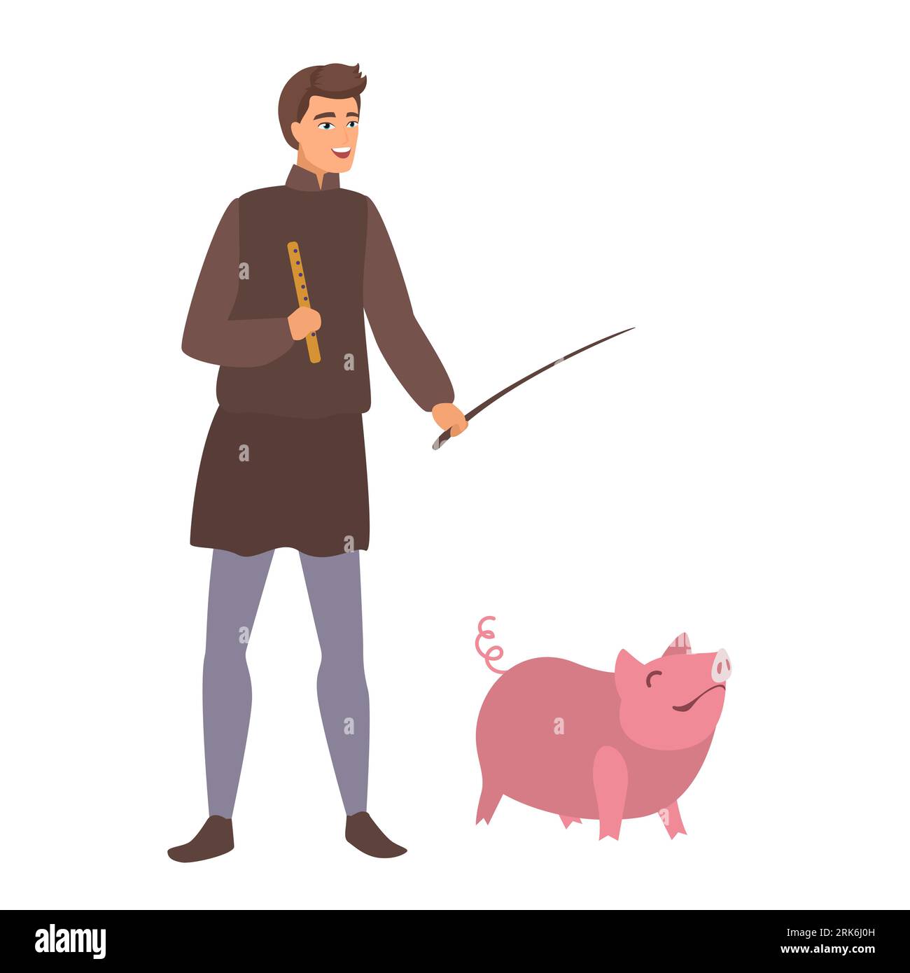 Medieval peasant with pig. Farmer occupation in middle ages cartoon vector illustration Stock