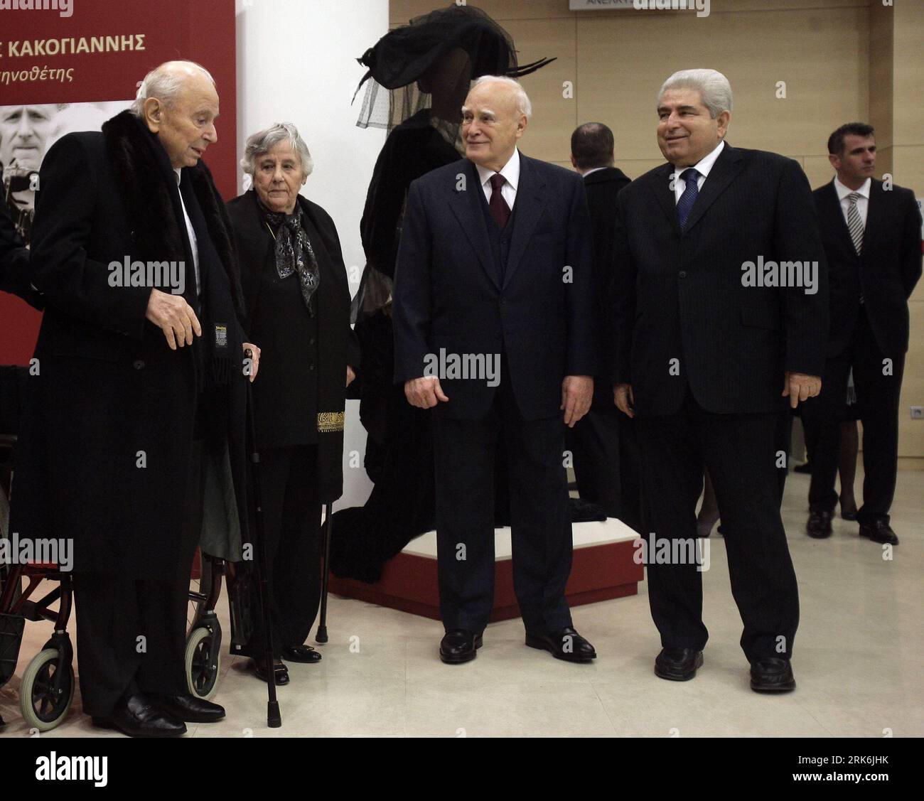 Bildnummer: 53846805  Datum: 09.03.2010  Copyright: imago/Xinhua (100310) -- ATHENS, March 10, 2010 (Xinhua) -- Greek President Karolos Papoulias (2nd R) and Cypriot President Demetris Christofias (1st R) talk with Michalis Kakoyiannis (1st L) after inaugurating the Michalis Kakoyiannis Foundation in Athens, March 9, 2010. The inauguration took place in the presence of Cypriot-born Michalis Kakoyiannis, director of world acclaimed films, including Stella , Electra , Zorba, the Greek and The Trojan Women . (Xinhua/Marios Lolos) (zx) (1)GREECE-ATHENS-MICHALIS KAKOYIANNIS-FOUNDATION PUBLICATIONxN Stock Photo