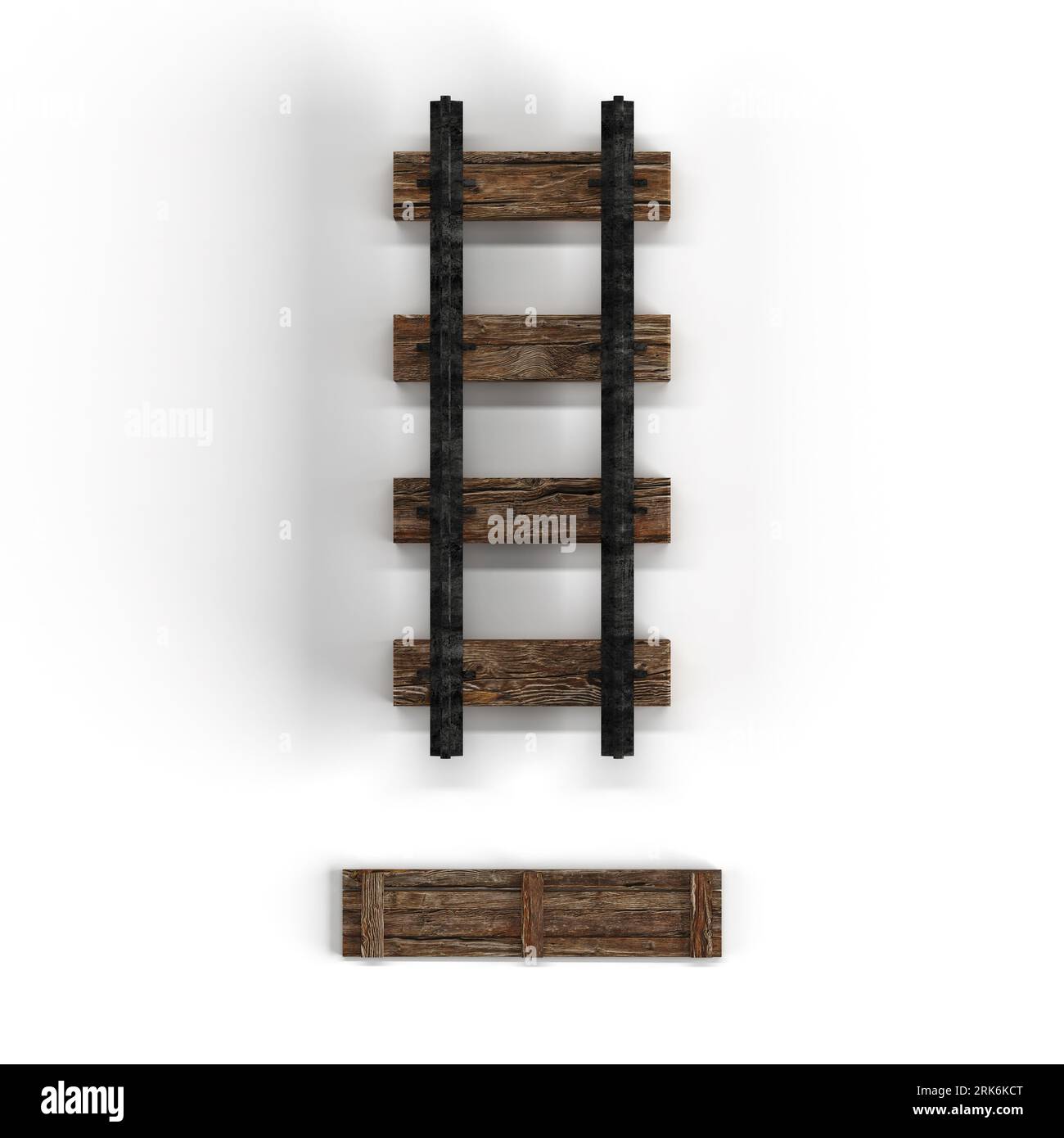 A 3D rendering of an aged wooden rail track isolated on a white background Stock Photo