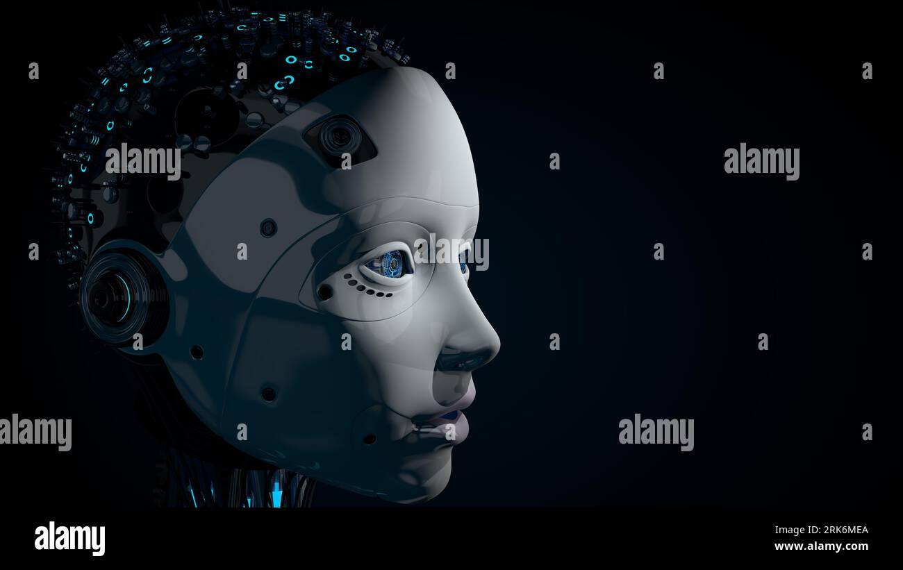 Side view of head of female humanoid robot with white glowing plastic skin, blue eyes and illuminated circuitry in her skull against dark background w Stock Photo