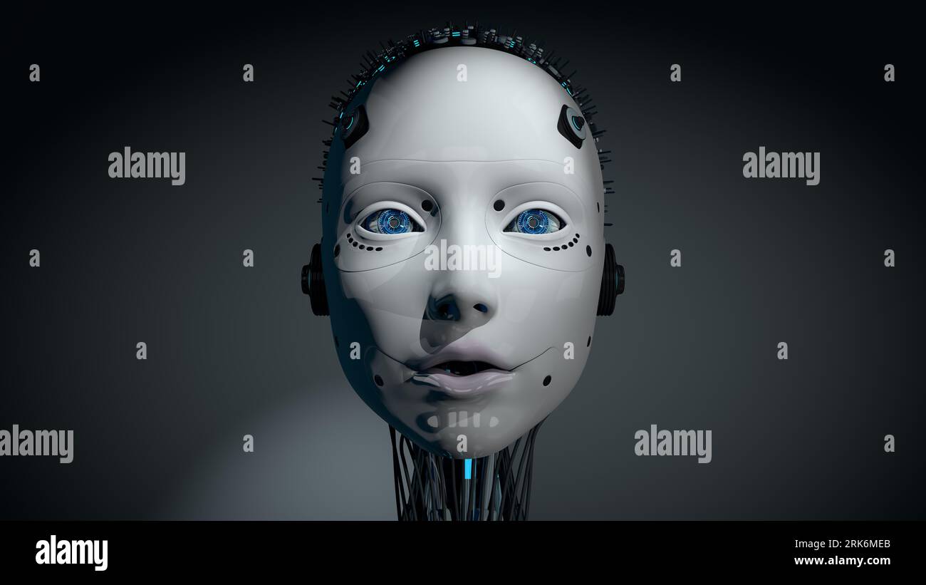Front view of head of female humanoid robot with white glowing plastic skin, blue eyes and illuminated circuitry in her skull against dark background Stock Photo