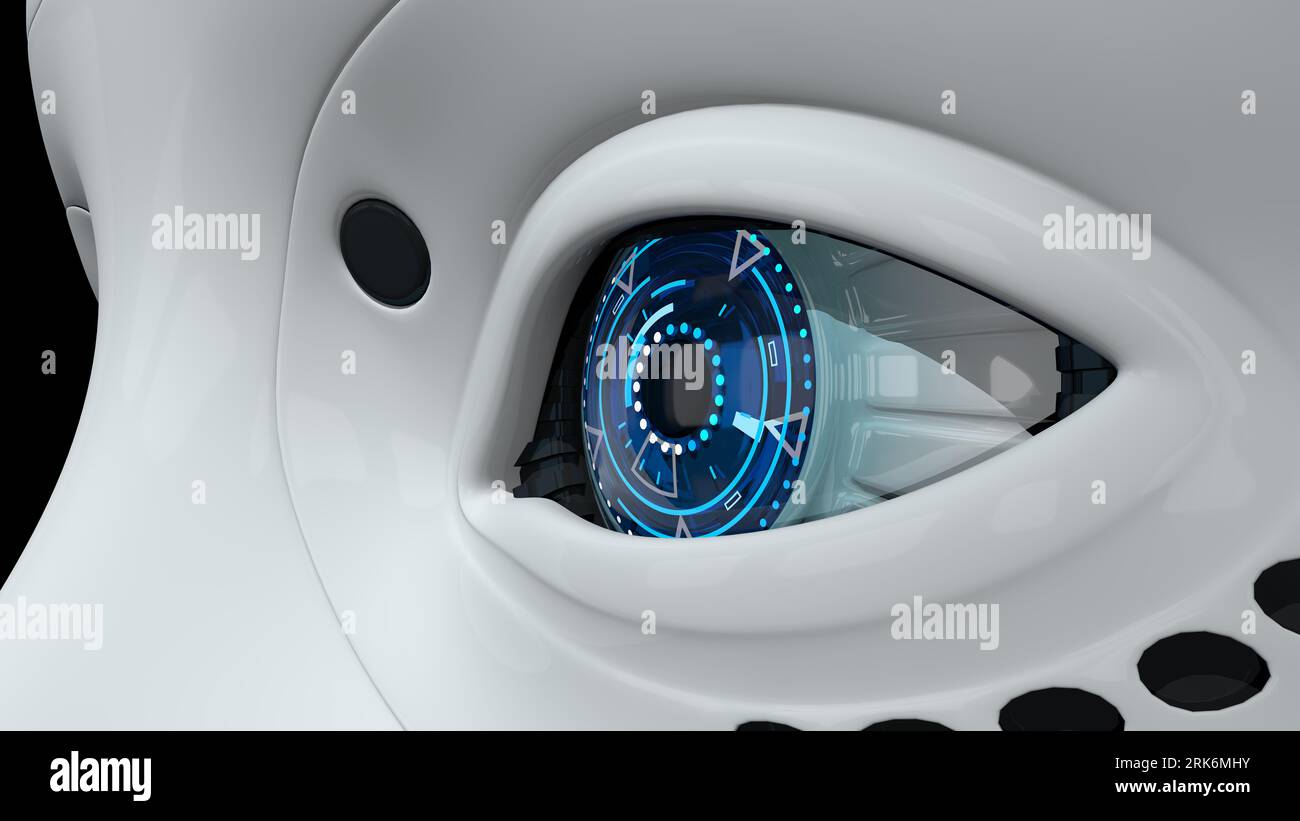 Extreme closeup to blue eye of female humanoid robot with shiny white plastic skin against dark background. 3D Illustration Stock Photo