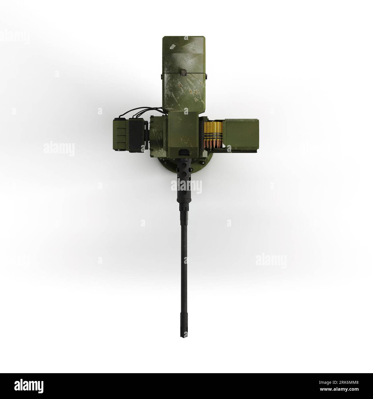 A 3D rendering of an aged remotely controlled firearm isolated on a