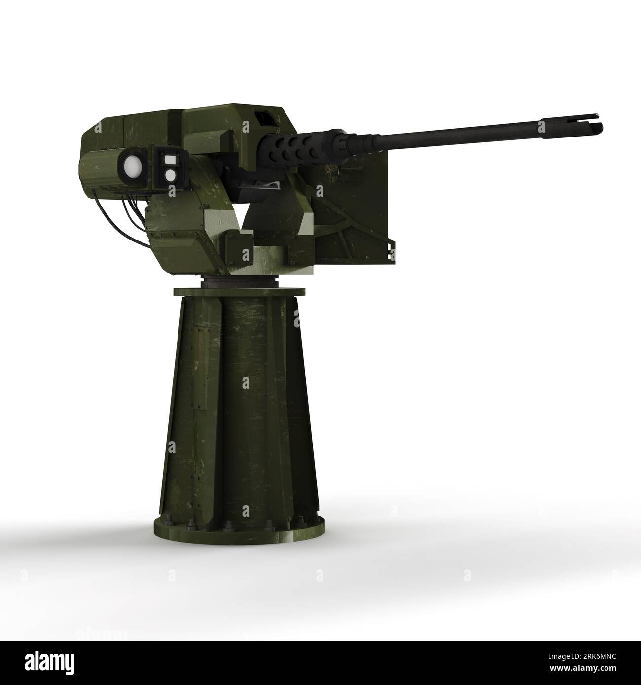 A 3D rendering of an aged remotely controlled firearm isolated on a