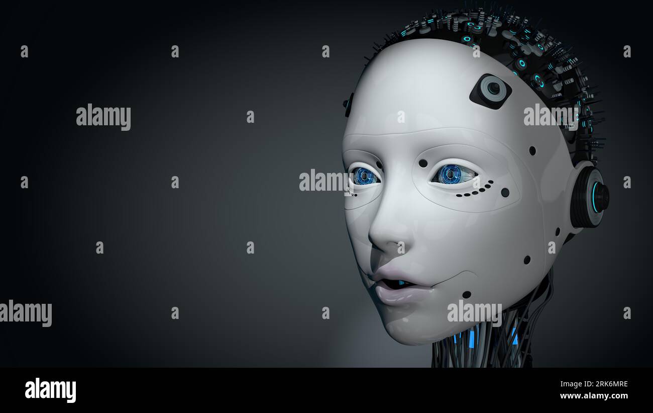 Portrait head of female humanoid robot with white glowing plastic skin, blue eyes and illuminated circuitry in her skull against dark background with Stock Photo