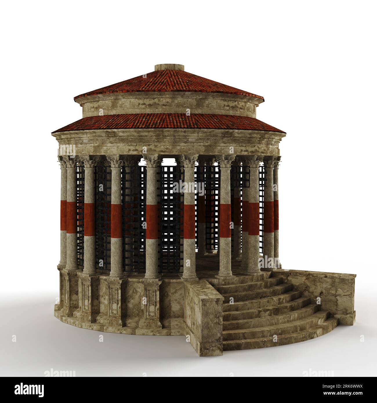 A 3D illustration of an ancient structure with ornate columns with a ...