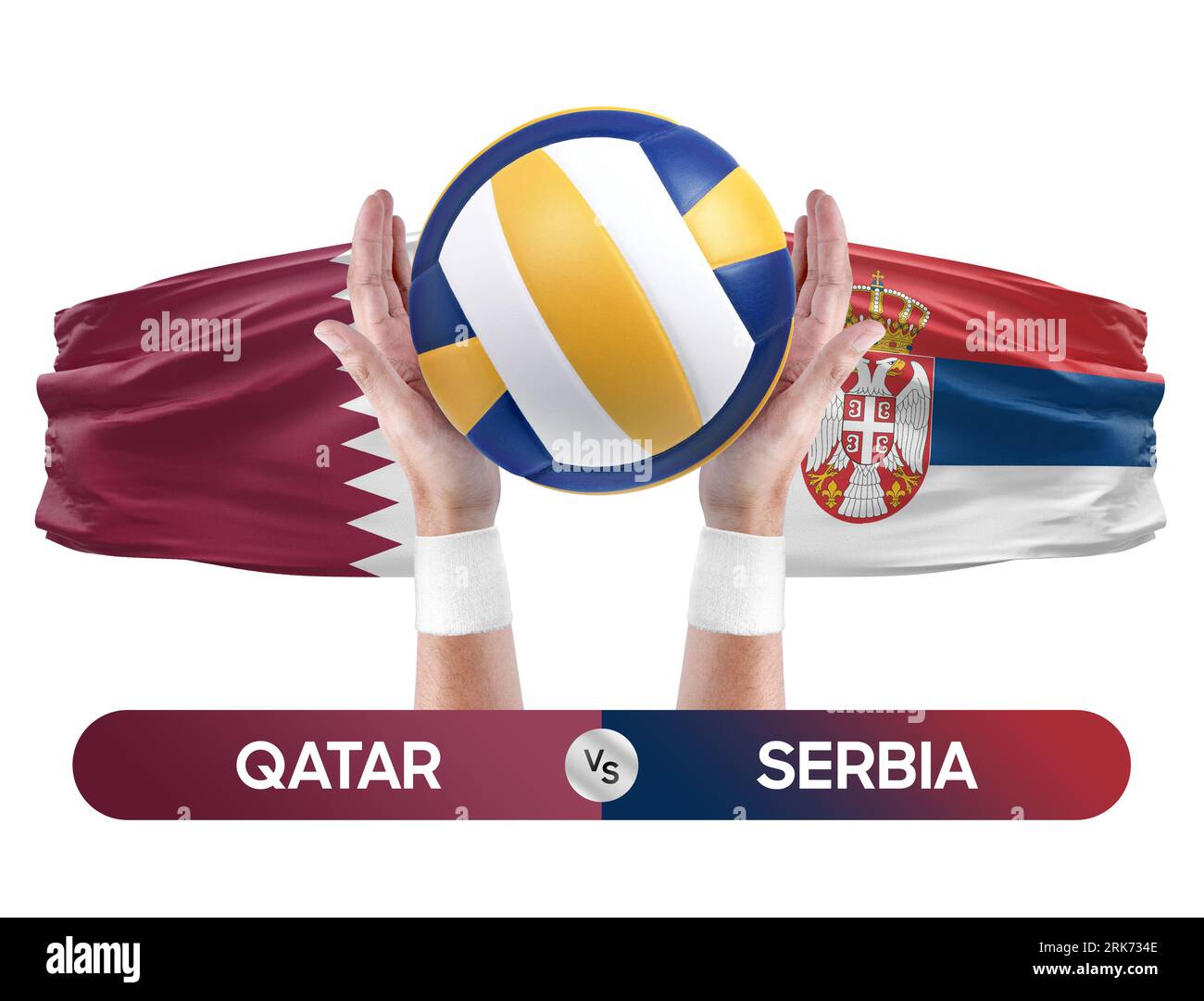 Qatar vs Serbia national teams volleyball volley ball match competition concept. Stock Photo