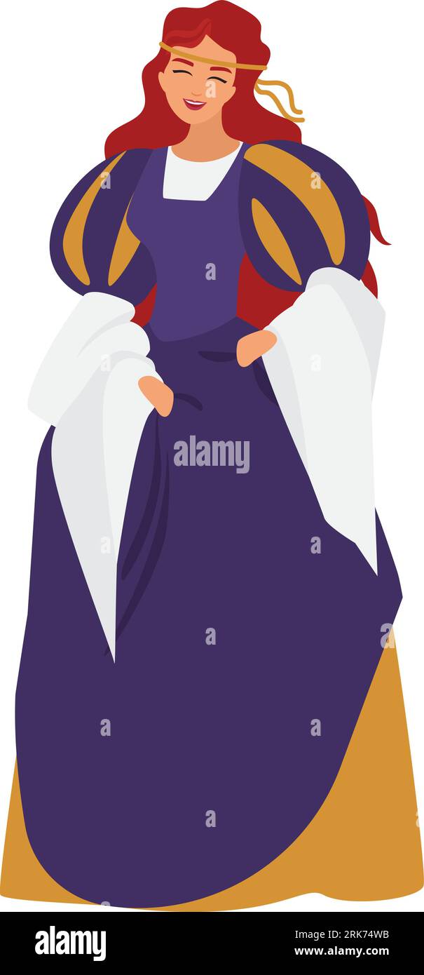 Woman in medieval dress. Traditional female clothing in medieval society cartoon vector illustration Stock Vector